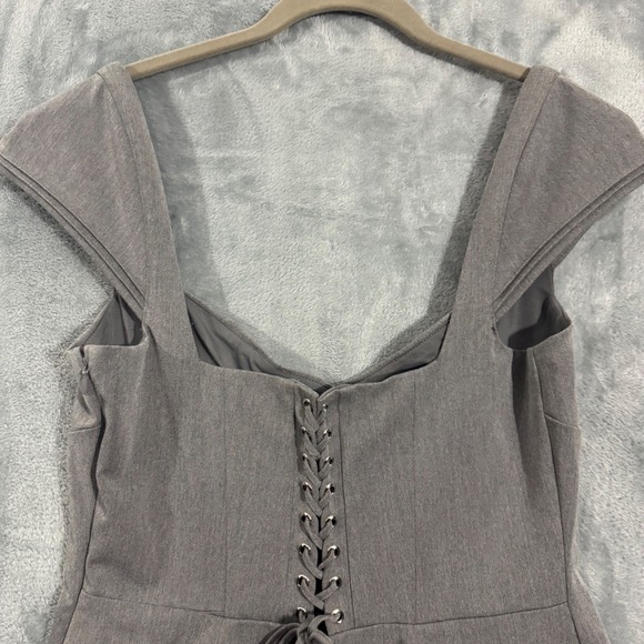 House of CB Cheri French Grey Fitted Mini Dress - Lace Up Back Fit Flare  L+ - Picture 14 of 16